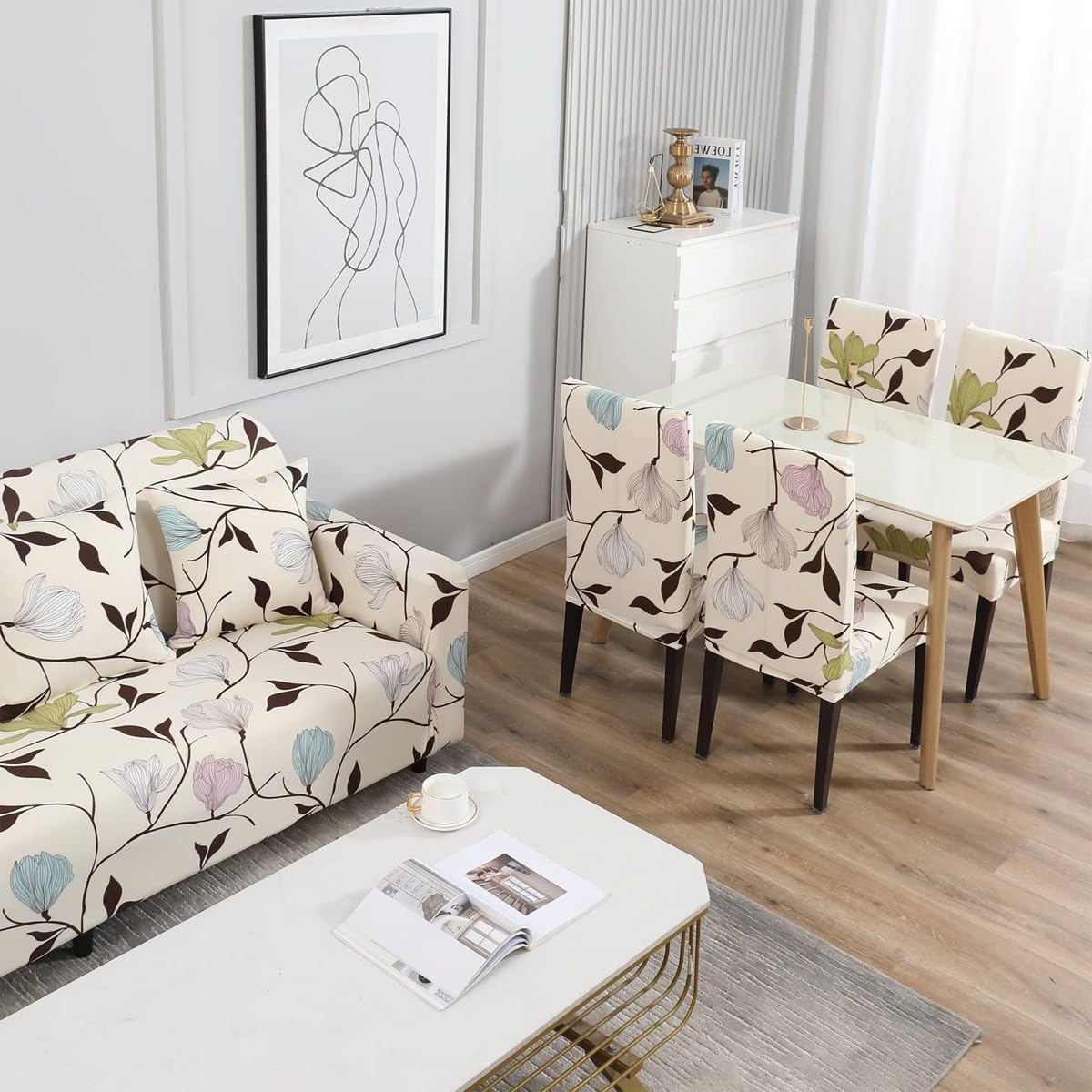 L Shape Sofa Cover-Flooral Beige- Luxury Quality Strechable & Dust-proof Sofa Cover