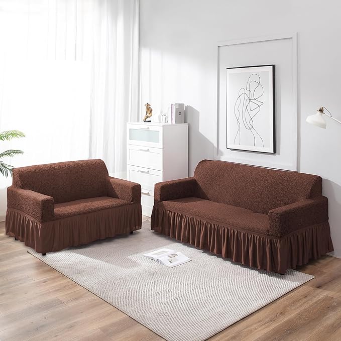 Elastic Stretchable Designer Woven Jacquard Sofa Cover with Frill , Pecan Brown