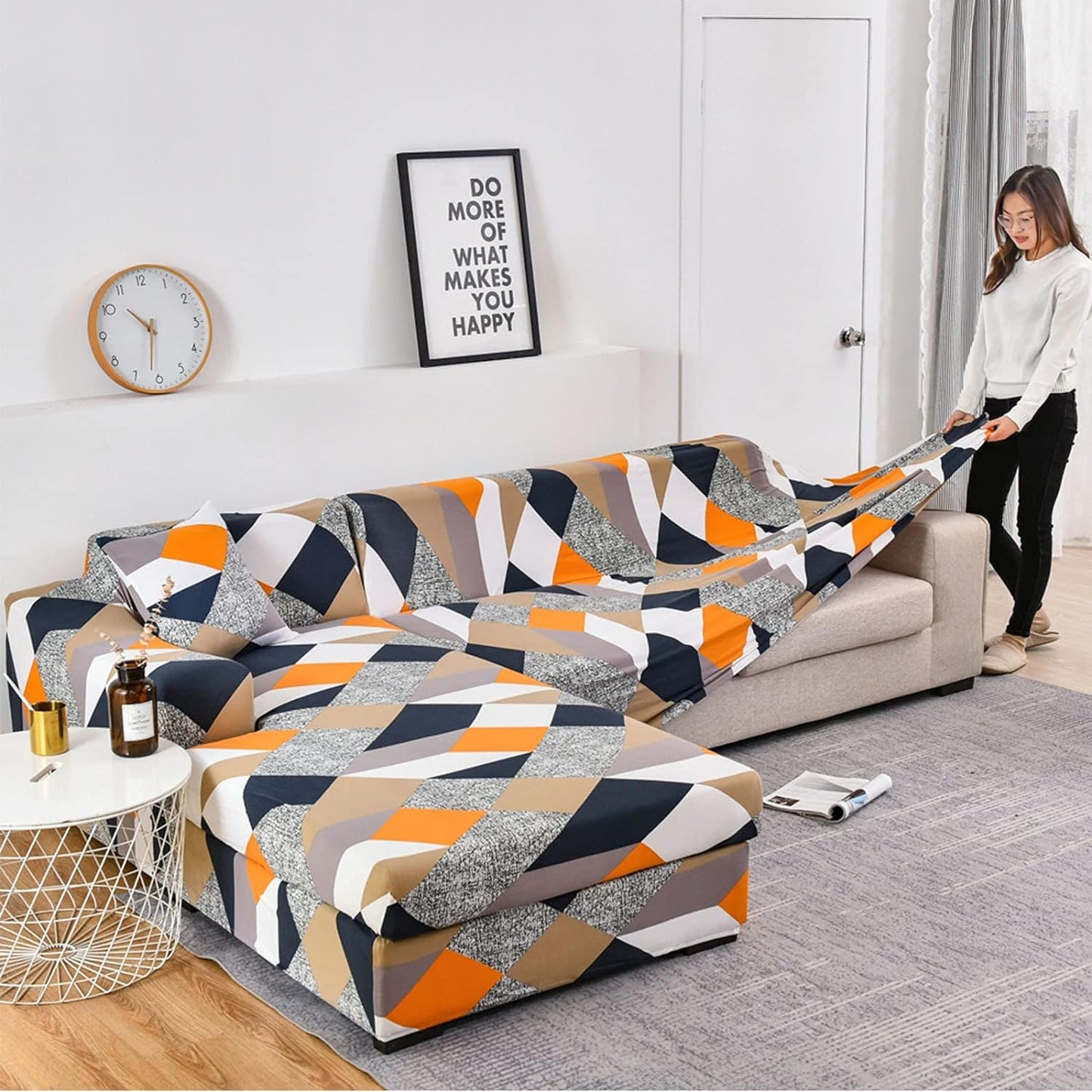 L Shape Sofa Cover-Prism Orange - Luxury Quality Strechable & Dust-proof Sofa Cover