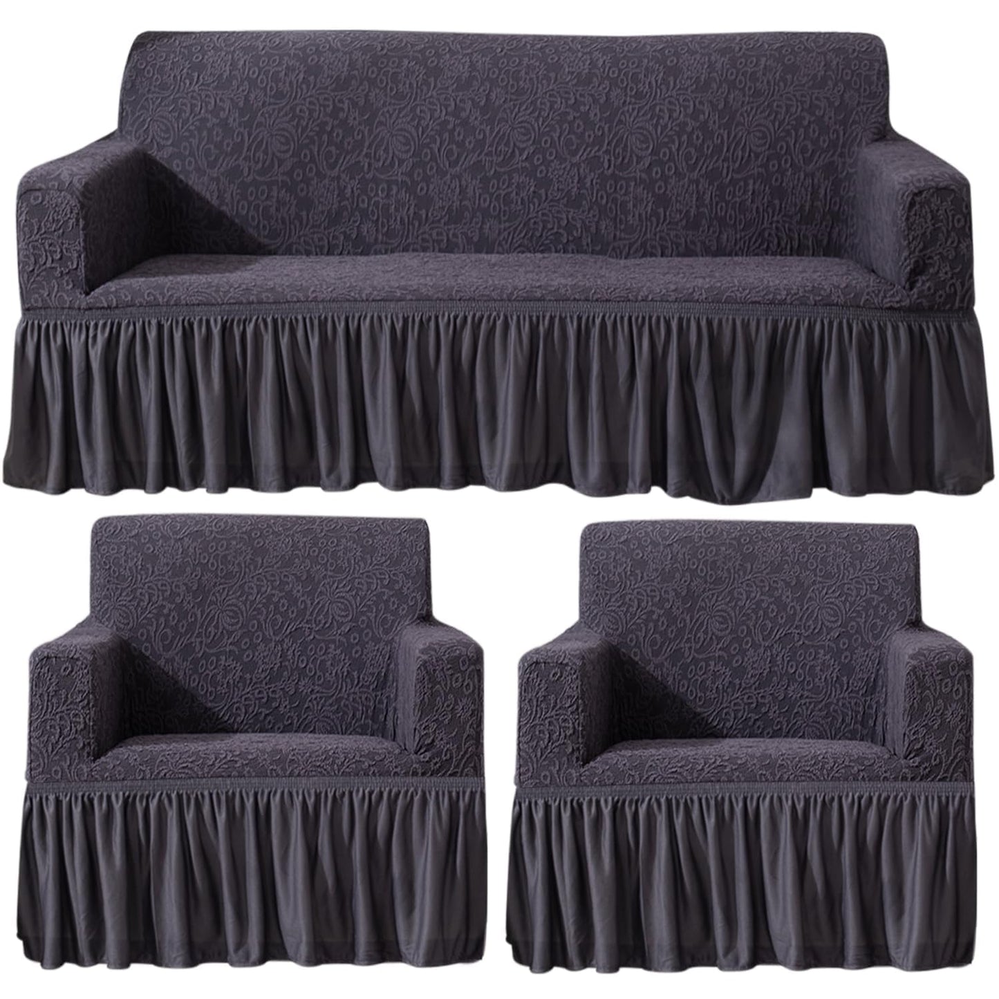 Elastic Stretchable Designer Woven Jacquard Sofa Cover with Frill, Abbey Grey