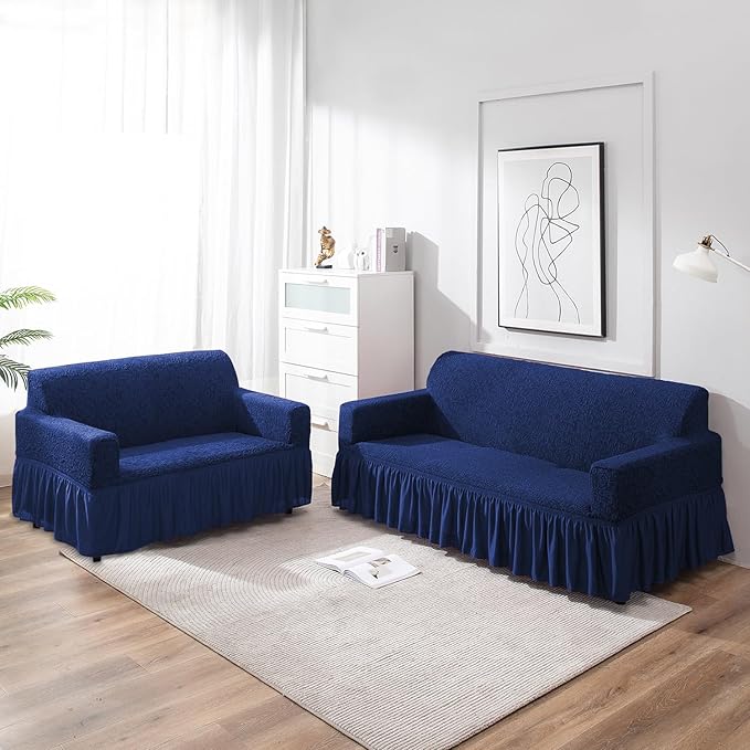 Elastic Stretchable Designer Woven Jacquard Sofa Cover with Frill, Navy Blue
