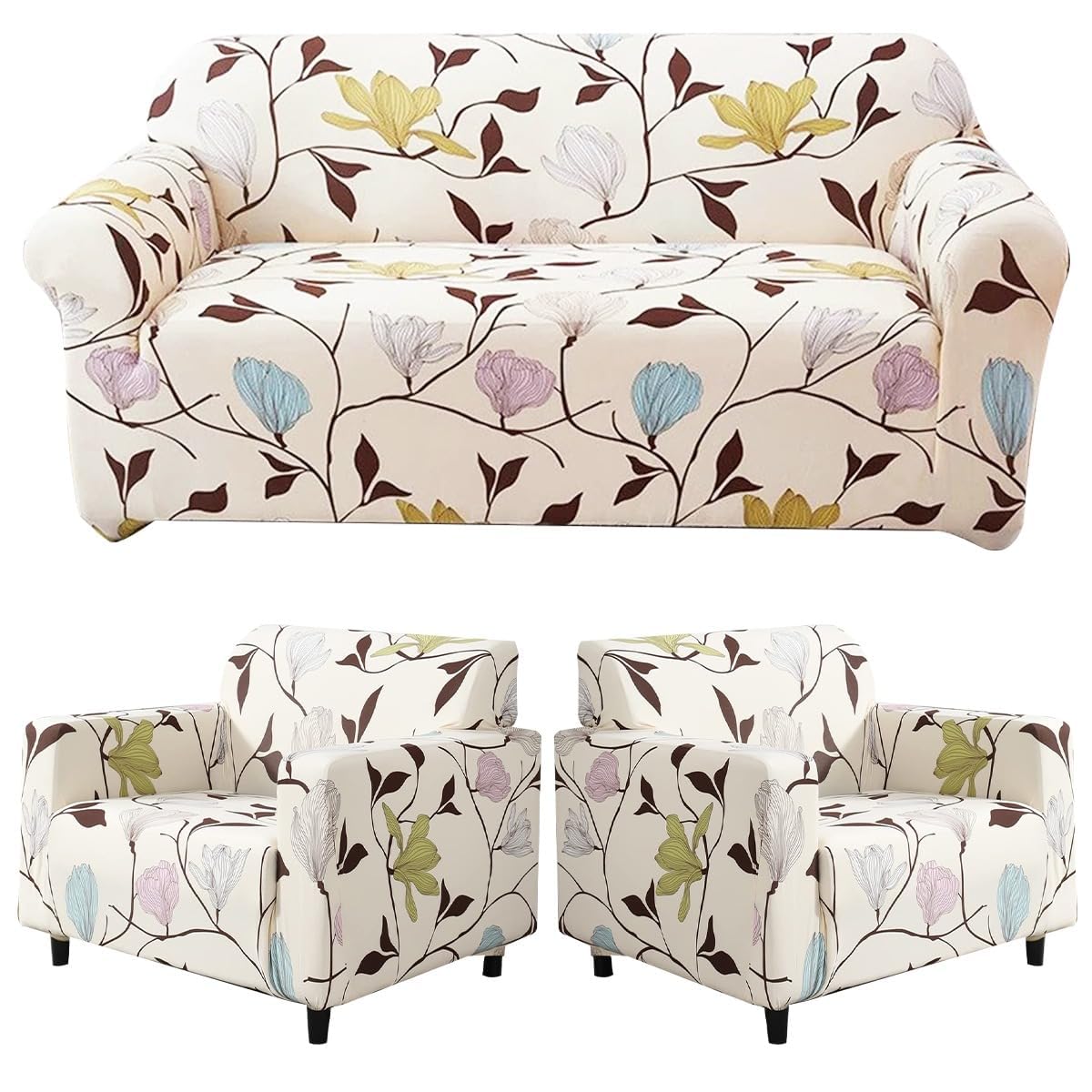 L Shape Sofa Cover-Flooral Beige- Luxury Quality Strechable & Dust-proof Sofa Cover