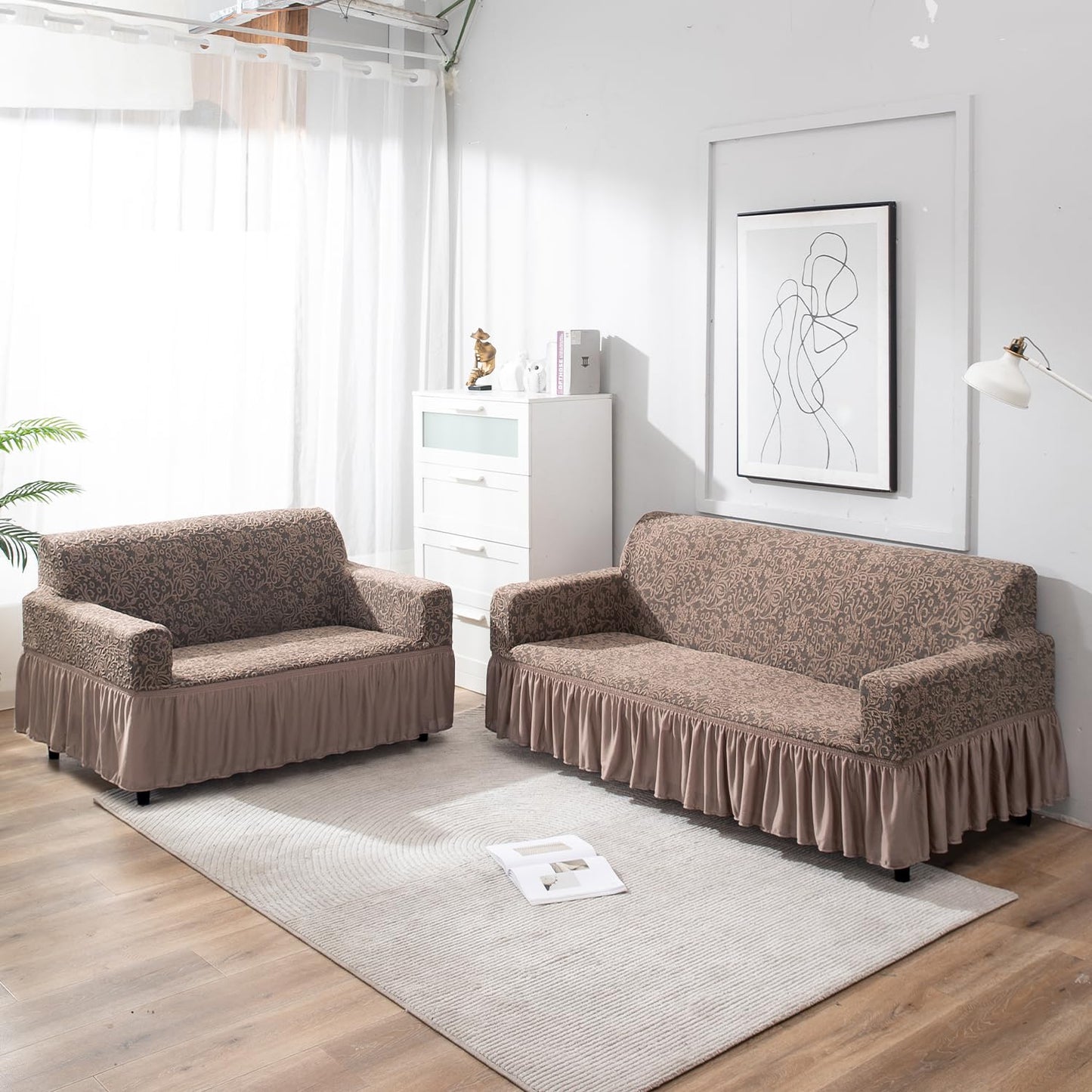 Elastic Stretchable Designer Woven Jacquard Sofa Cover with Frill, Light Taupe