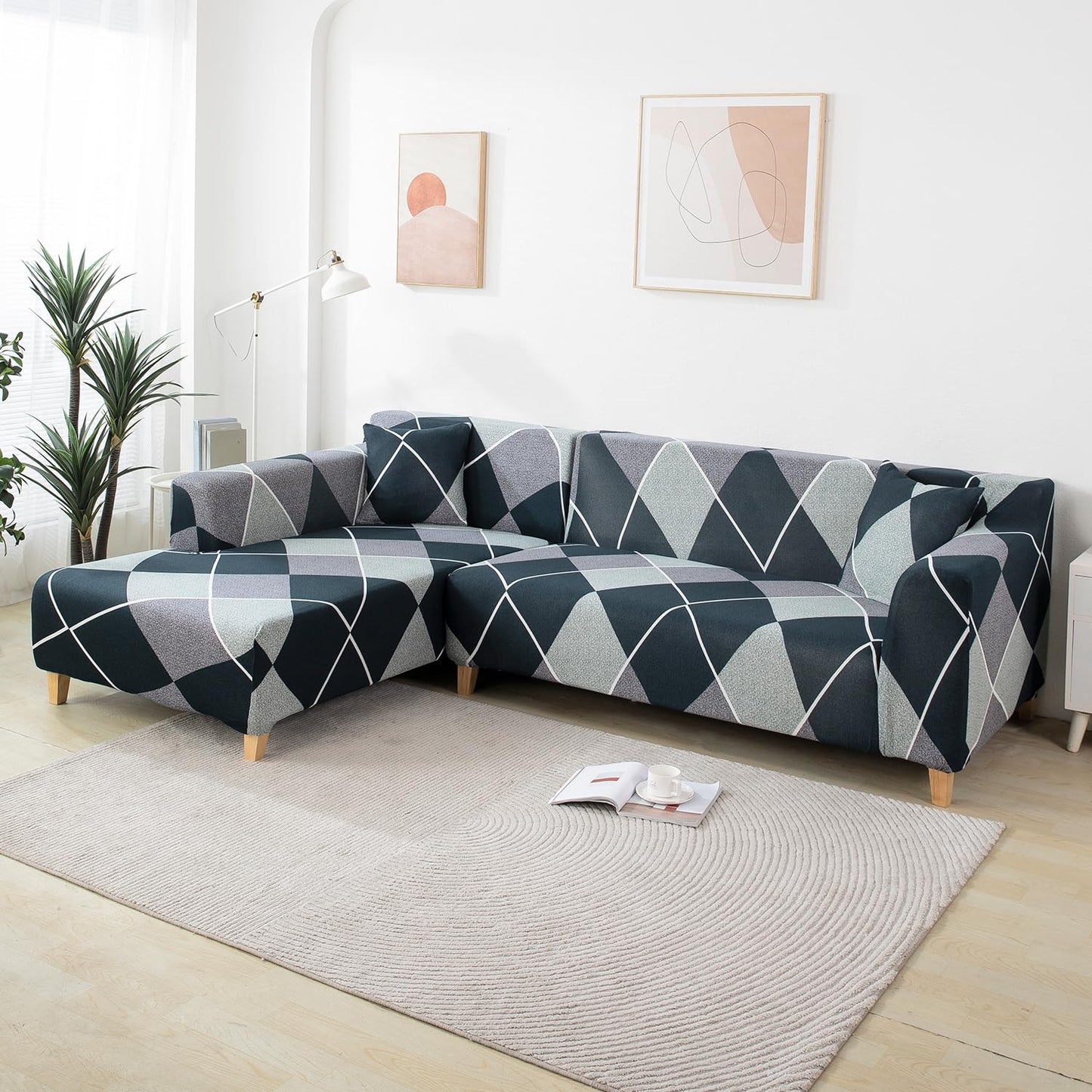 L Shape Sofa Cover-Checkerplaid Blue- Luxury Quality Strechable & Dust-proof Sofa Cover