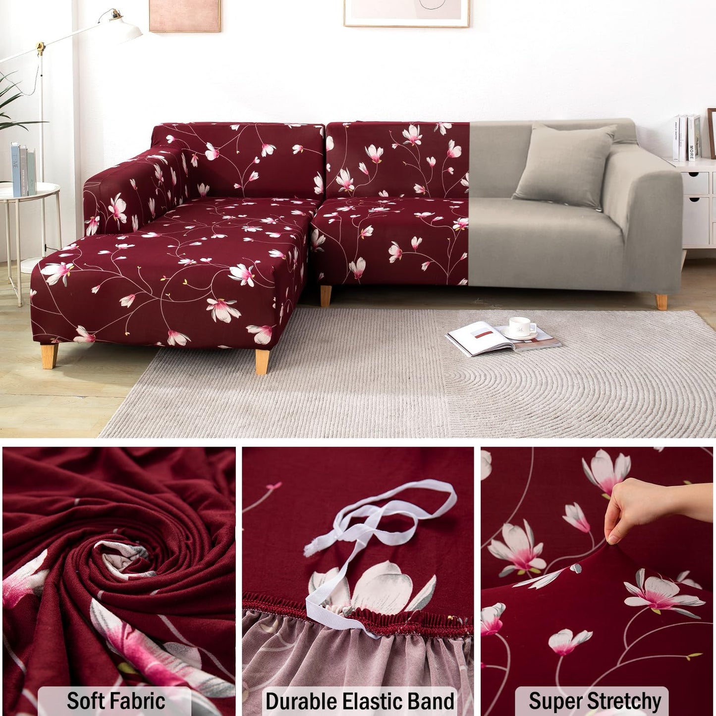 L Shape Sofa Cover-Floral Maroon - Luxury Quality Strechable & Dust-proof Sofa Cover