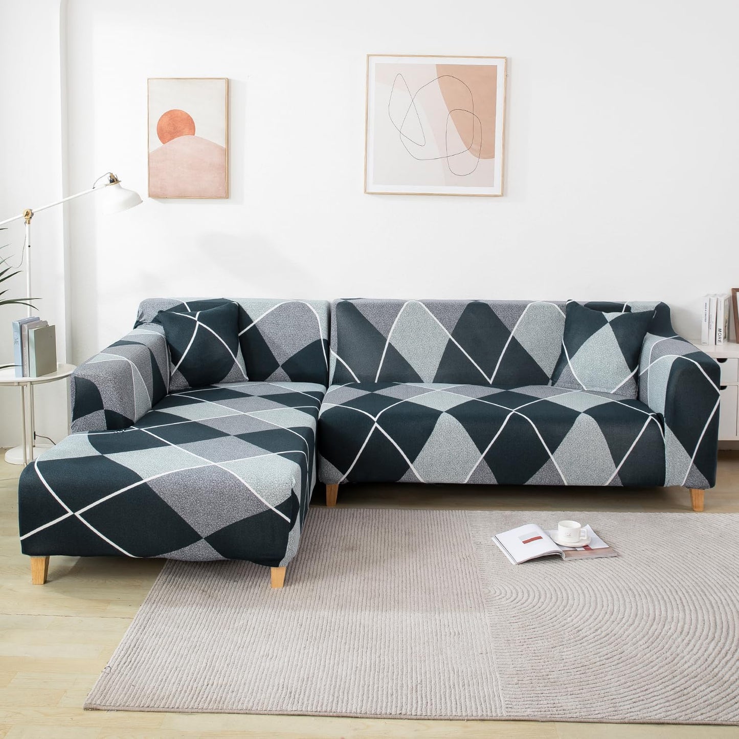 L Shape Sofa Cover-Checkerplaid Blue- Luxury Quality Strechable & Dust-proof Sofa Cover