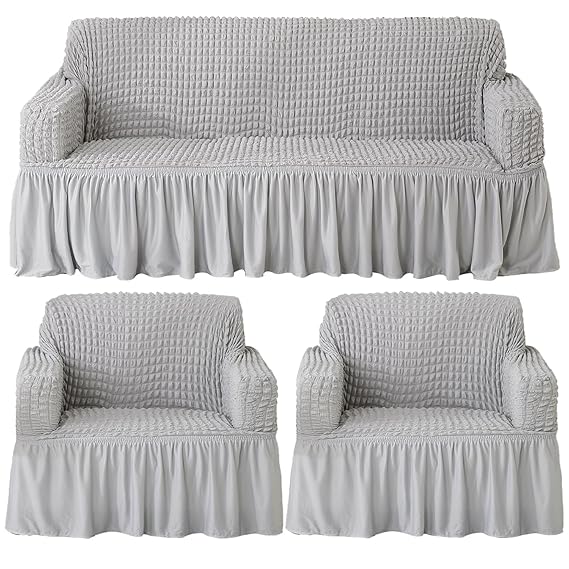 Elastic Stretchable 280 GSM Bubble Sofa Cover with Frill, Ash Grey