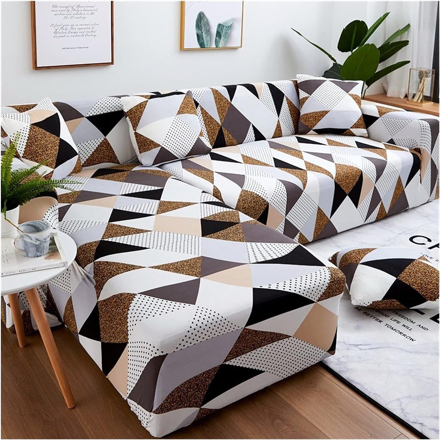 L Shape Sofa Cover- Geometric Brown - Luxury Quality Strechable & Dust-proof Sofa Cover