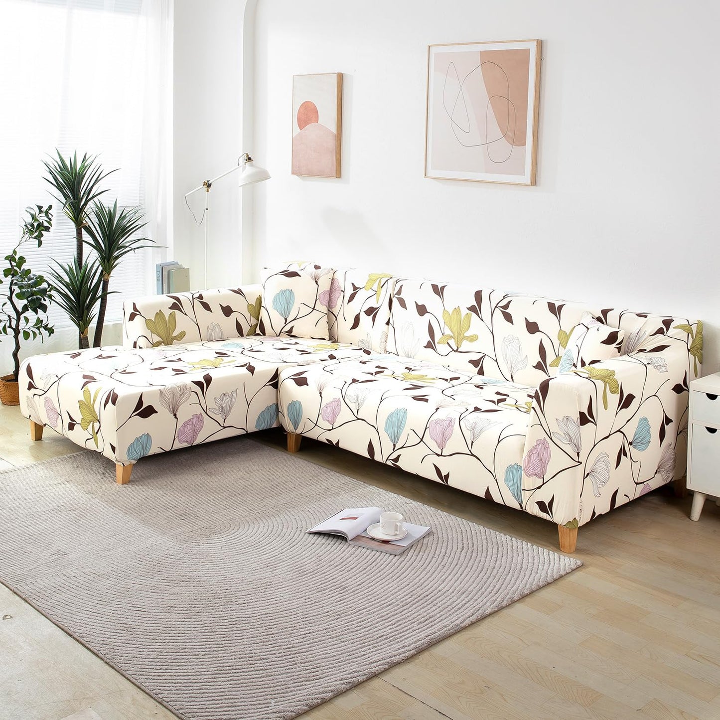 Stretchable Pack of 2 Cushion Cover 16x16, Beige Brown Leaves