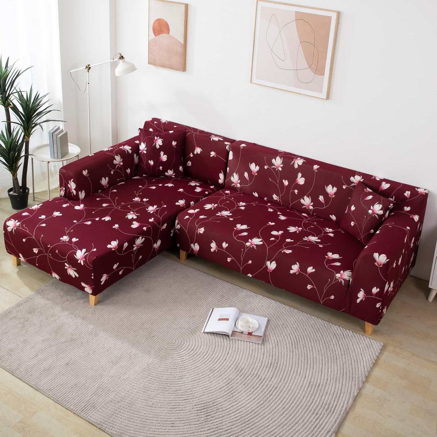 L Shape Sofa Cover-Floral Maroon - Luxury Quality Strechable & Dust-proof Sofa Cover