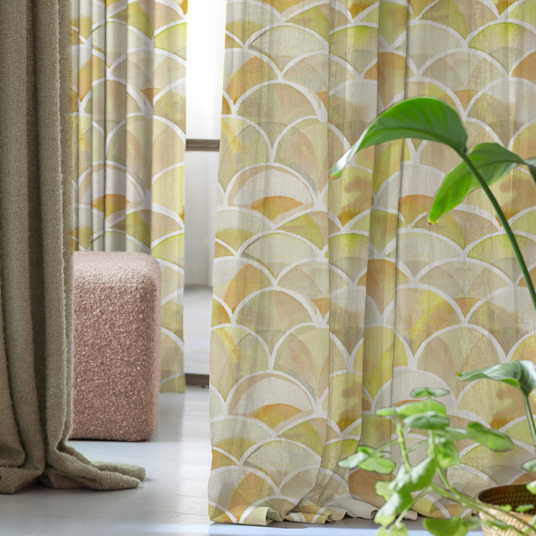 Vibrant Dreams Geometric Yellow Heavy Satin Room Darkening Curtains Set Of 2 - (DS81F)