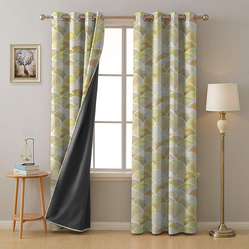 Vibrant Dreams Geometric Yellow Heavy Satin Room Darkening Curtains Set Of 2 - (DS81F)