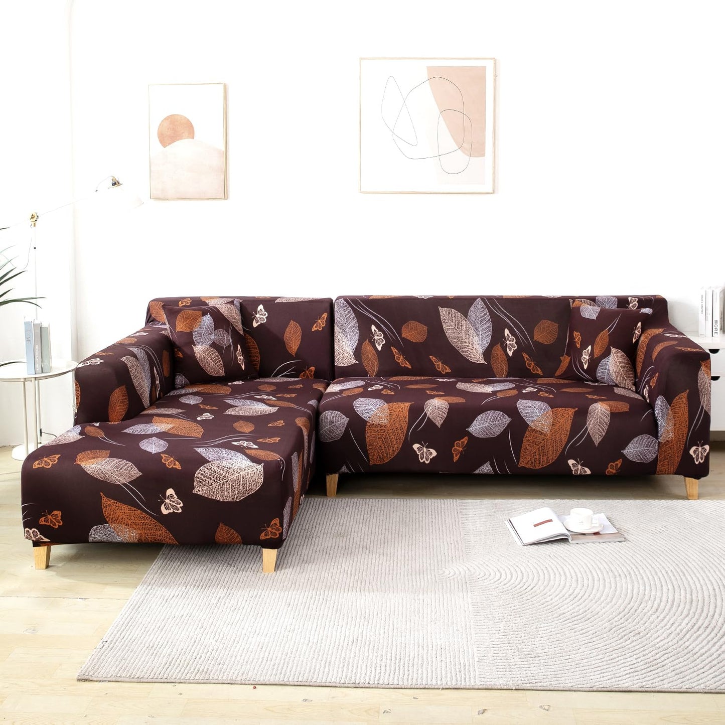 L Shape Sofa Cover- Choco Leaf - Luxury Quality Strechable & Dust-proof Sofa Cover