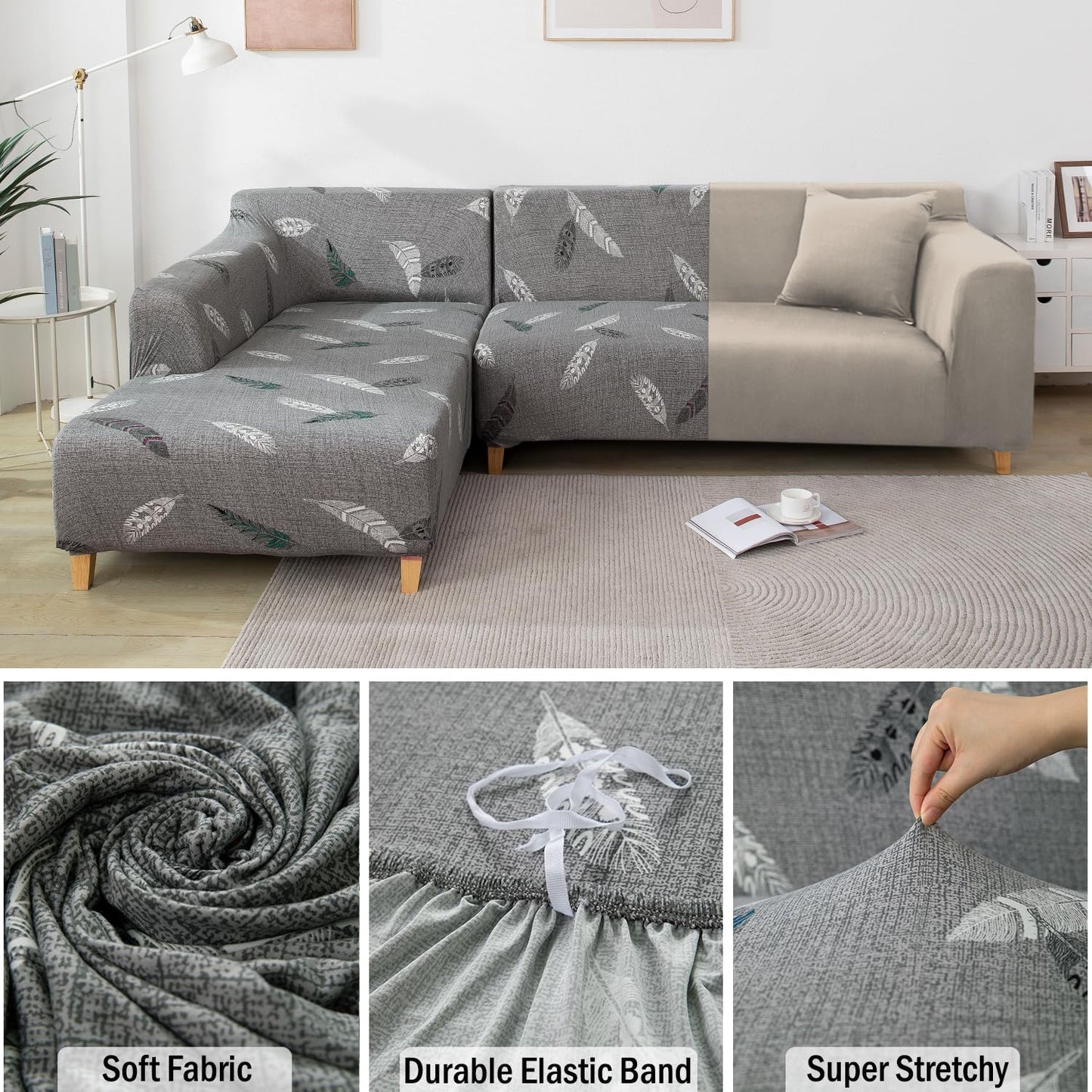 L Shape Sofa Cover- Fern Grey - Luxury Quality Strechable & Dust-proof Sofa Cover