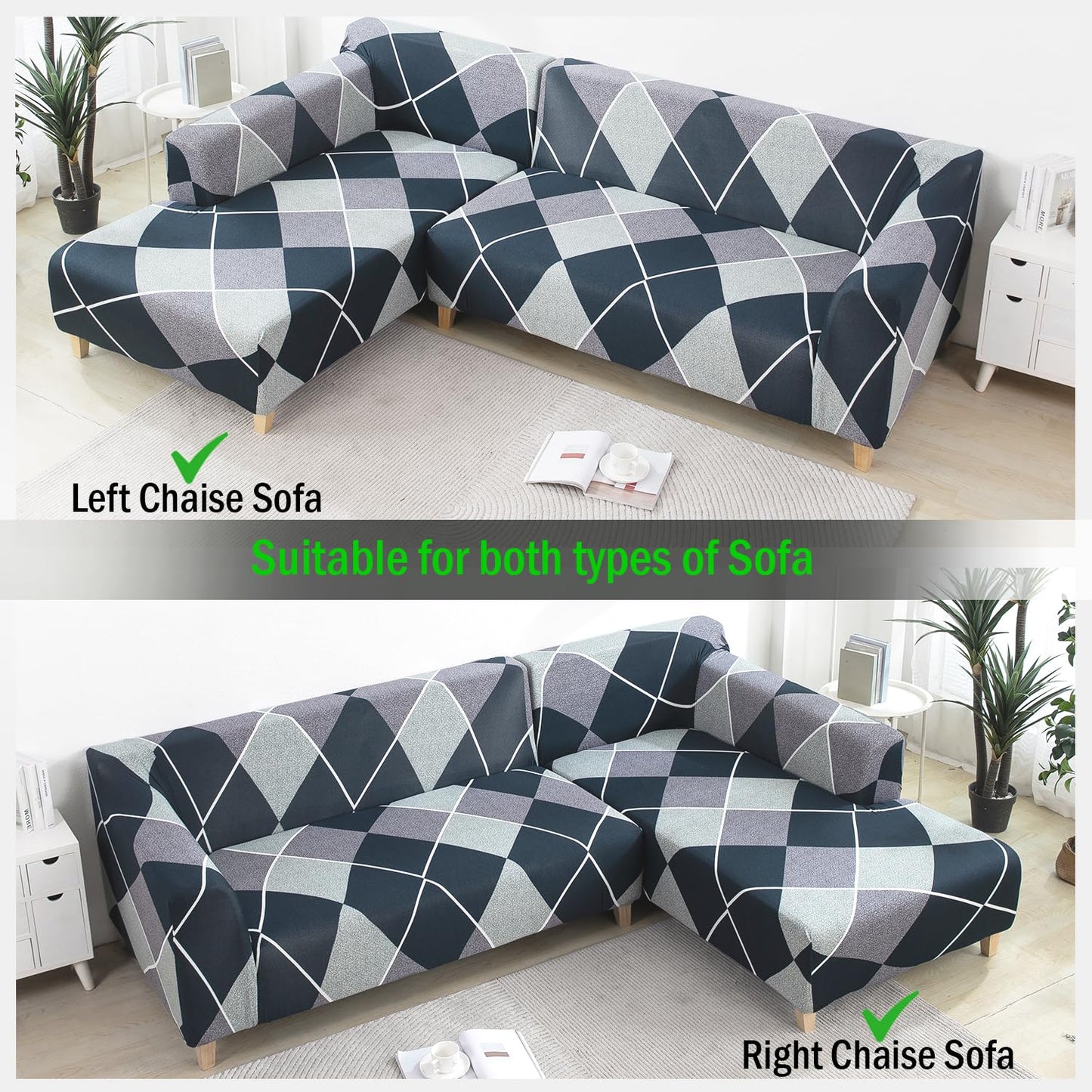 L Shape Sofa Cover-Checkerplaid Blue- Luxury Quality Strechable & Dust-proof Sofa Cover