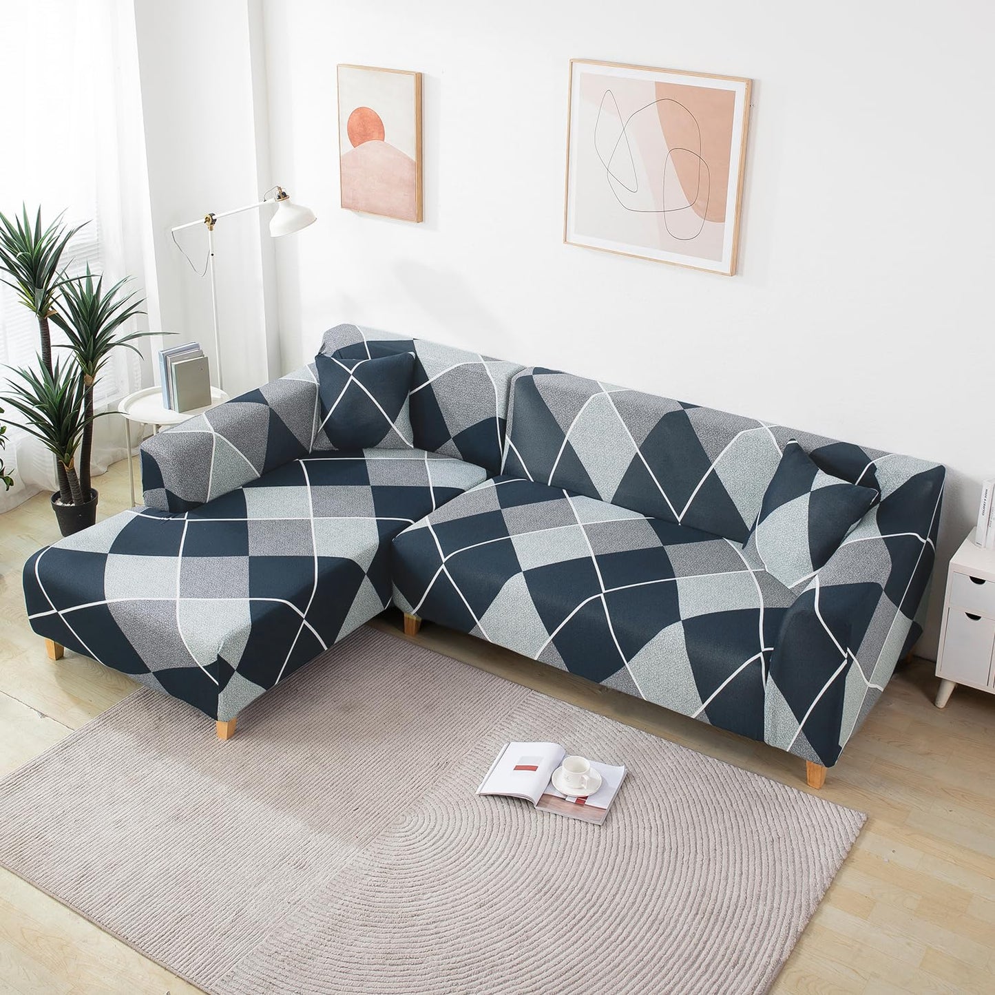 L Shape Sofa Cover-Checkerplaid Blue- Luxury Quality Strechable & Dust-proof Sofa Cover