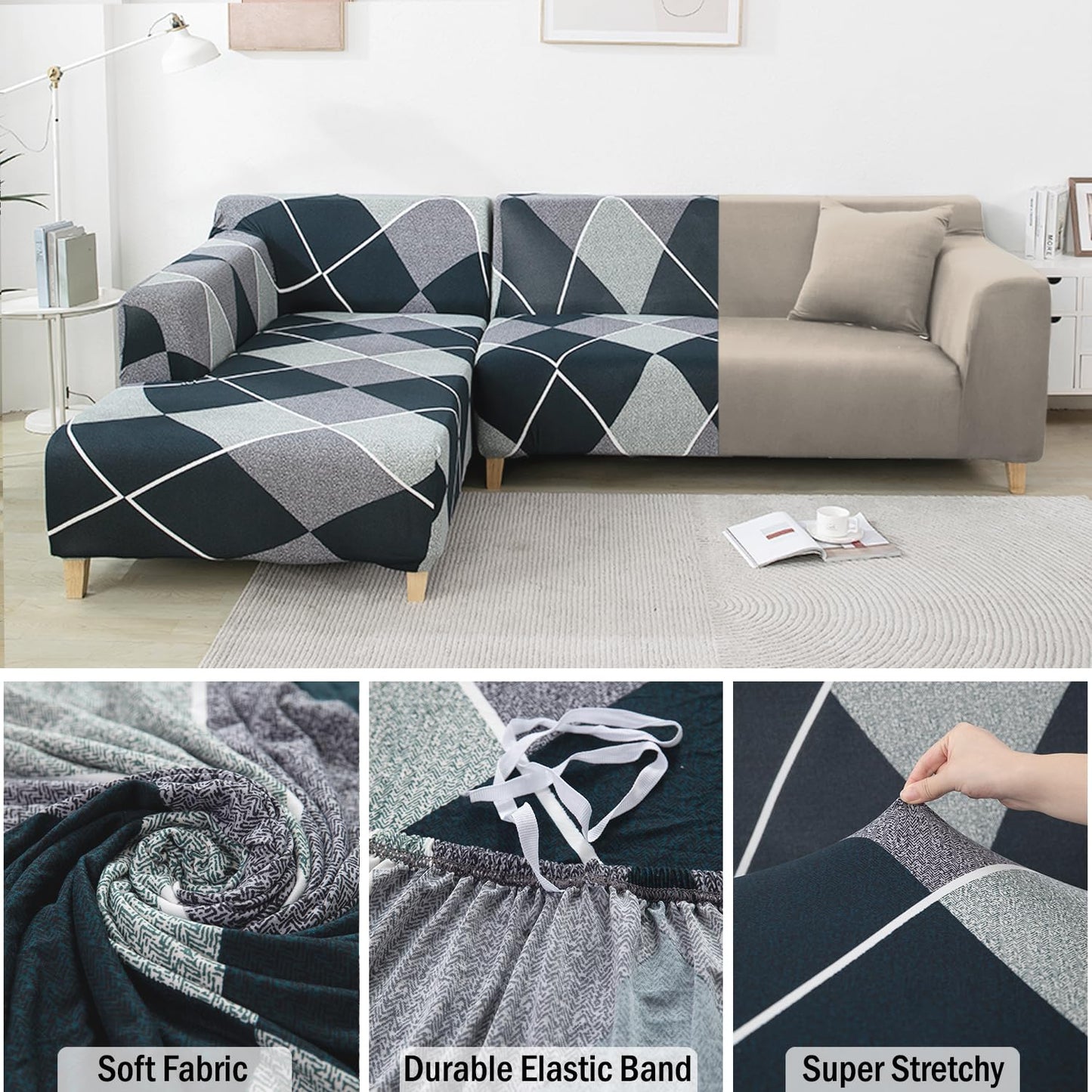 L Shape Sofa Cover-Checkerplaid Blue- Luxury Quality Strechable & Dust-proof Sofa Cover