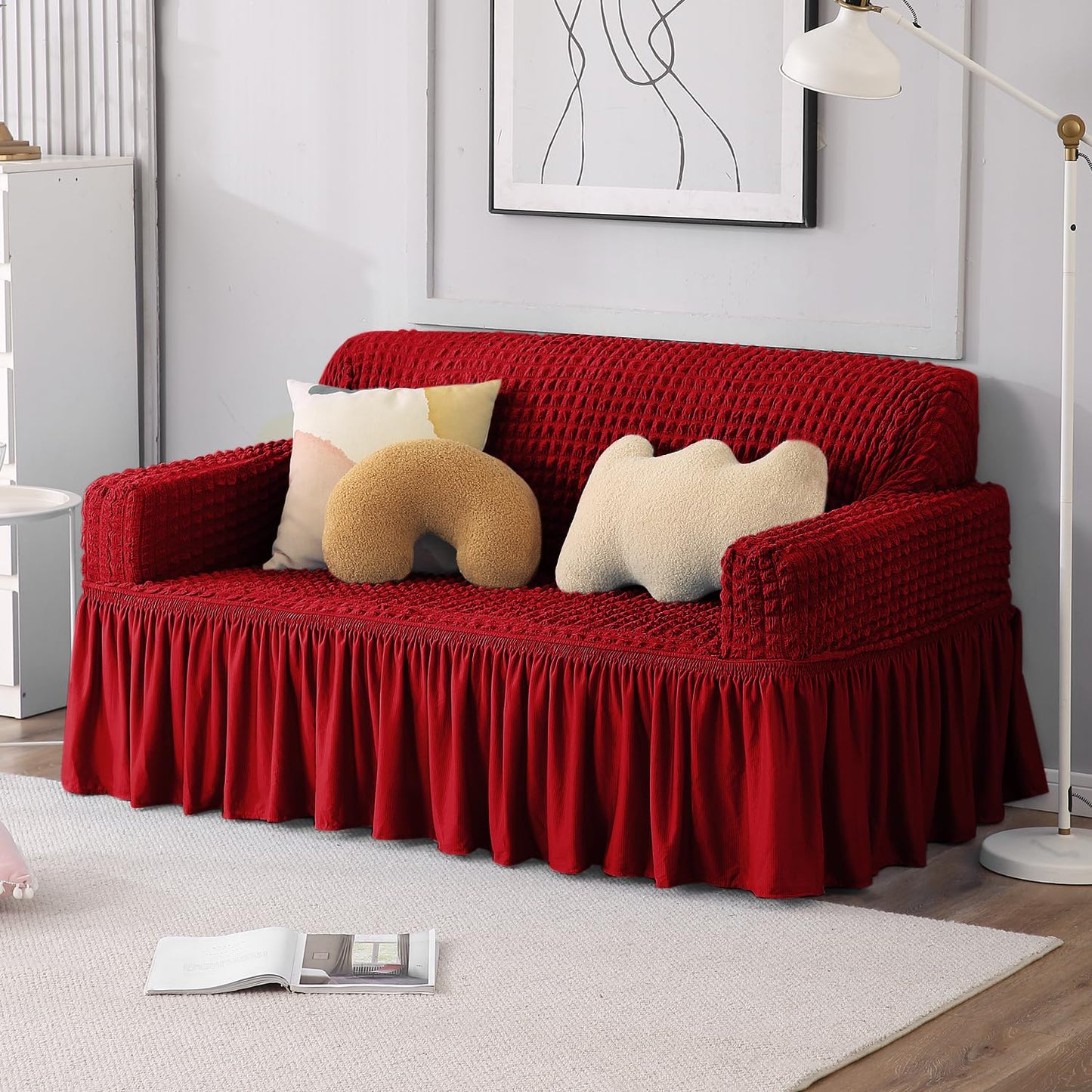 Elastic Stretchable Bubble Sofa Cover with Frill, Scarlet Red