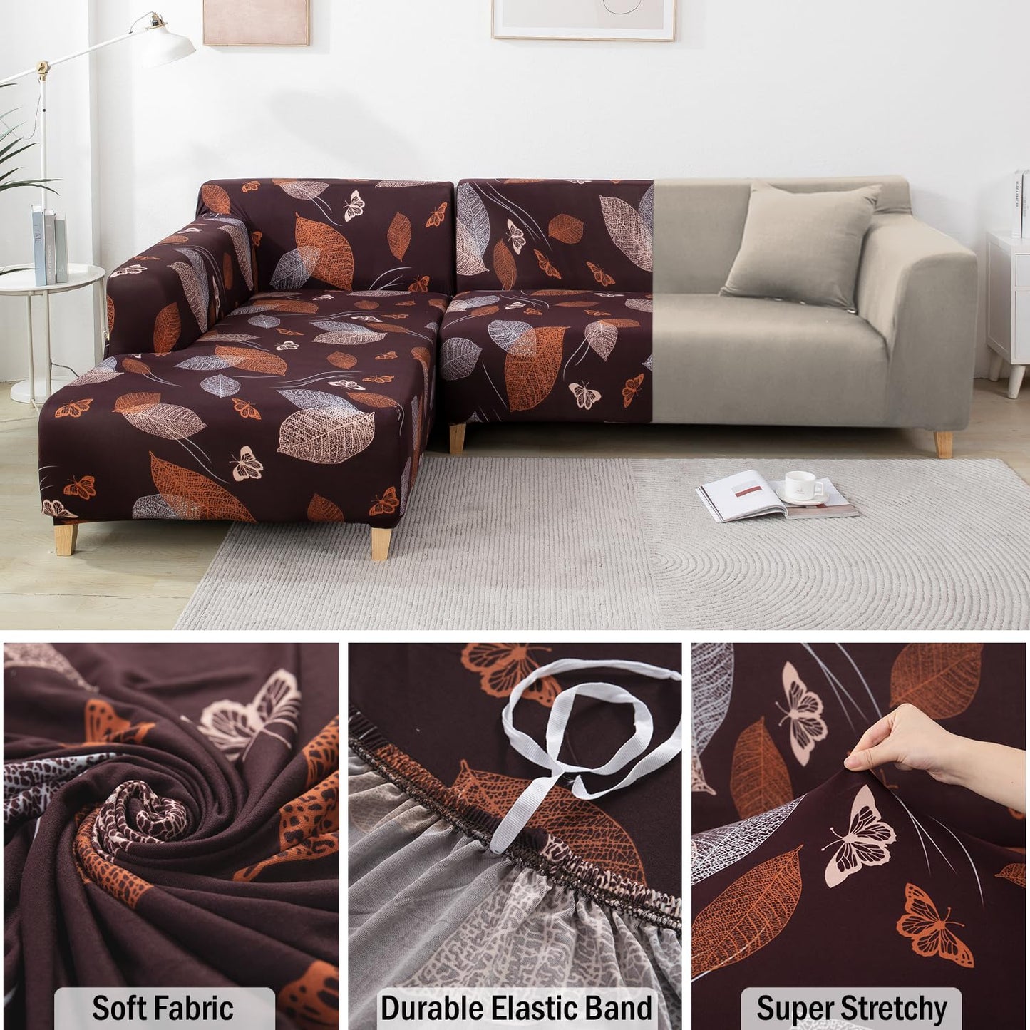 L Shape Sofa Cover- Choco Leaf - Luxury Quality Strechable & Dust-proof Sofa Cover