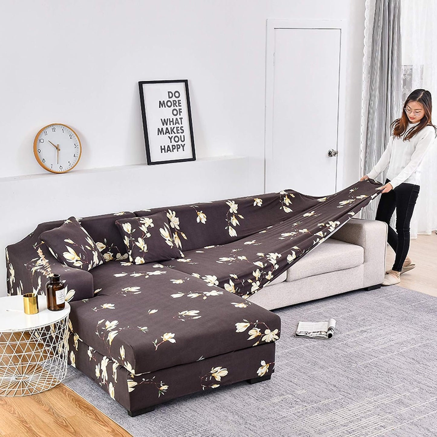 L Shape Sofa Cover- Floral Dark Coffee - Luxury Quality Strechable & Dust-proof Sofa Cover