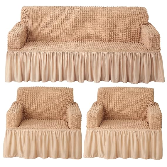 Elastic Stretchable 280 GSM Bubble Sofa Cover with Frill, Beige