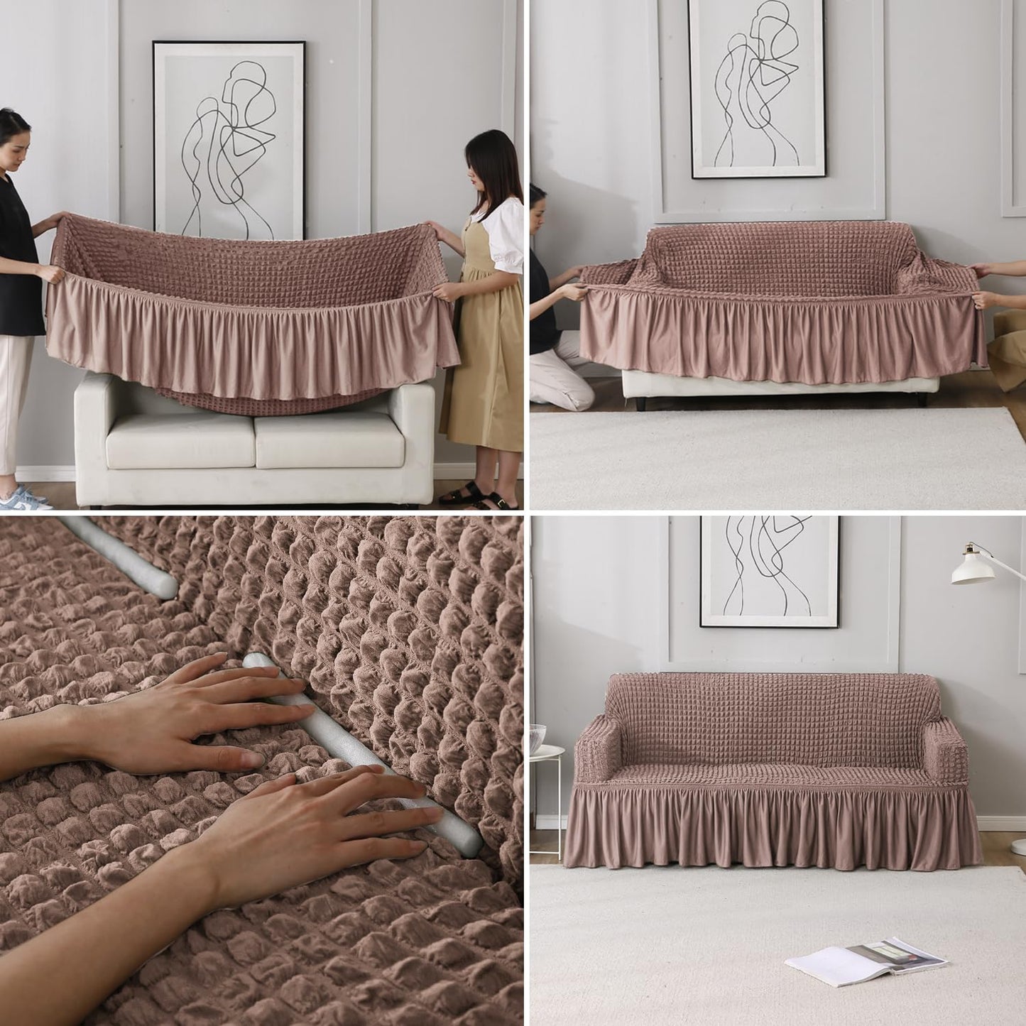 Elastic Stretchable Bubble Sofa Cover with Frill, Mocha