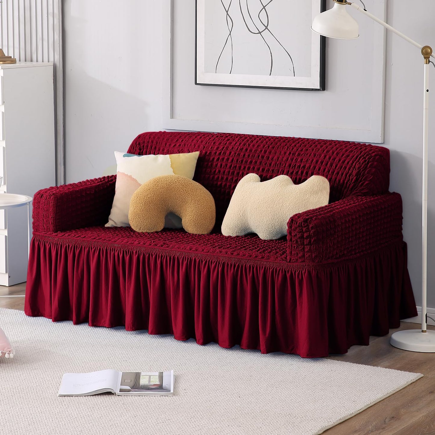 Elastic Stretchable Bubble Sofa Cover with Frill, Wine