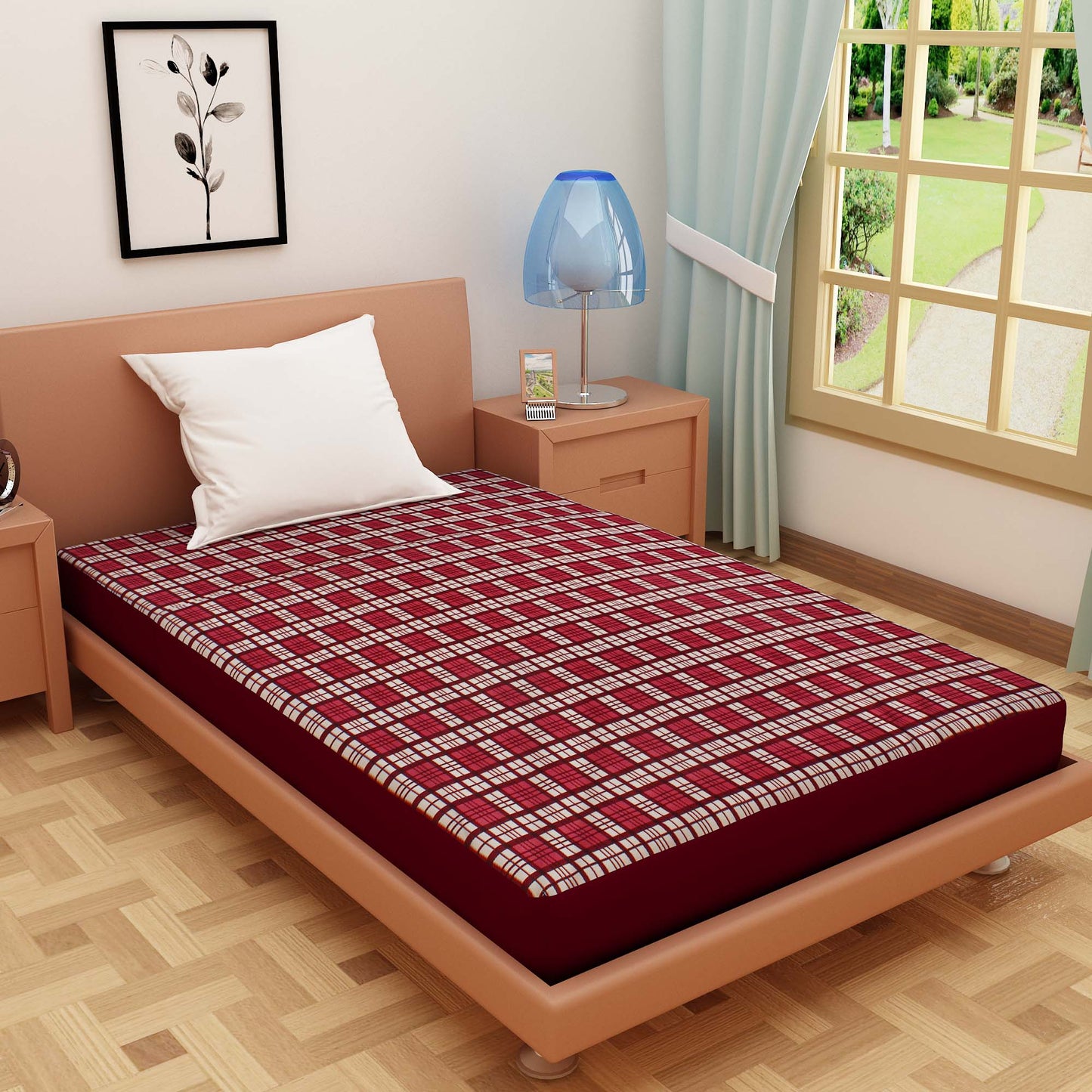 Waterproof Mattress Protector with 360 Degree Elastic Strap, Luxury Terry Printed (Maroon, Available in 16 Sizes)