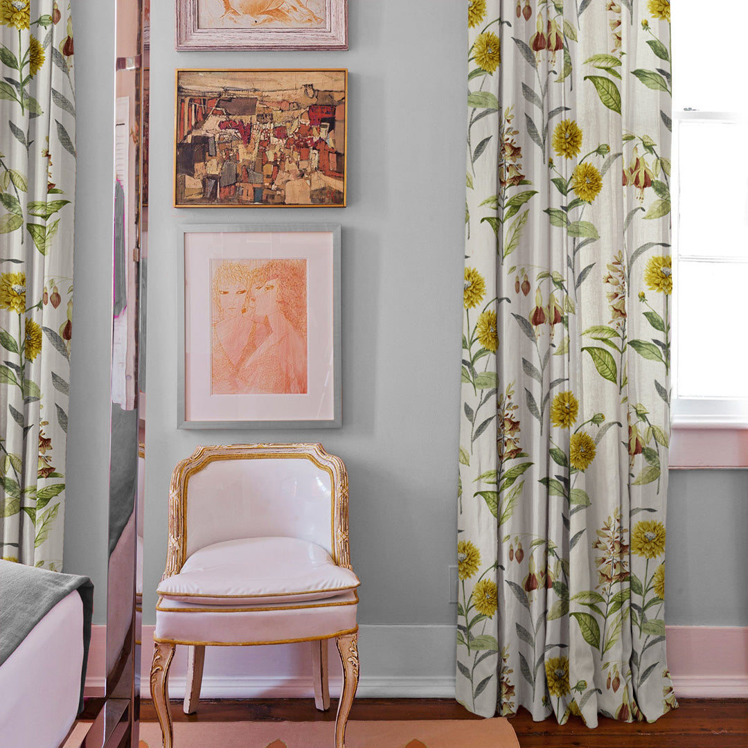 Sunny Delight Floral Mustard Yellow Heavy Satin Room Darkening Curtains Set Of 2 - (DS90A)
