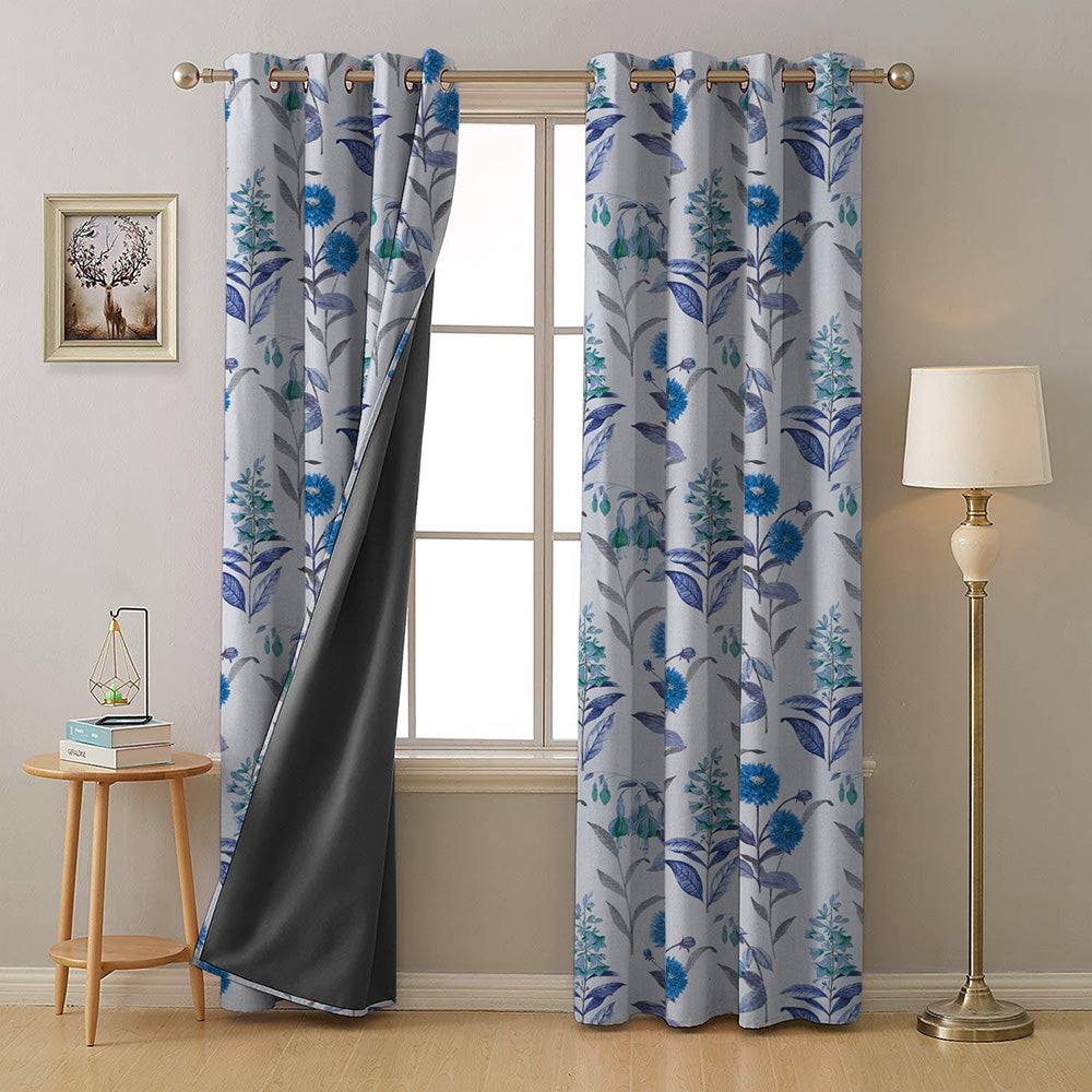 Sunny Delight Floral Powder Blue Heavy Satin Room Darkening Curtains Set Of 2 - (DS90D)