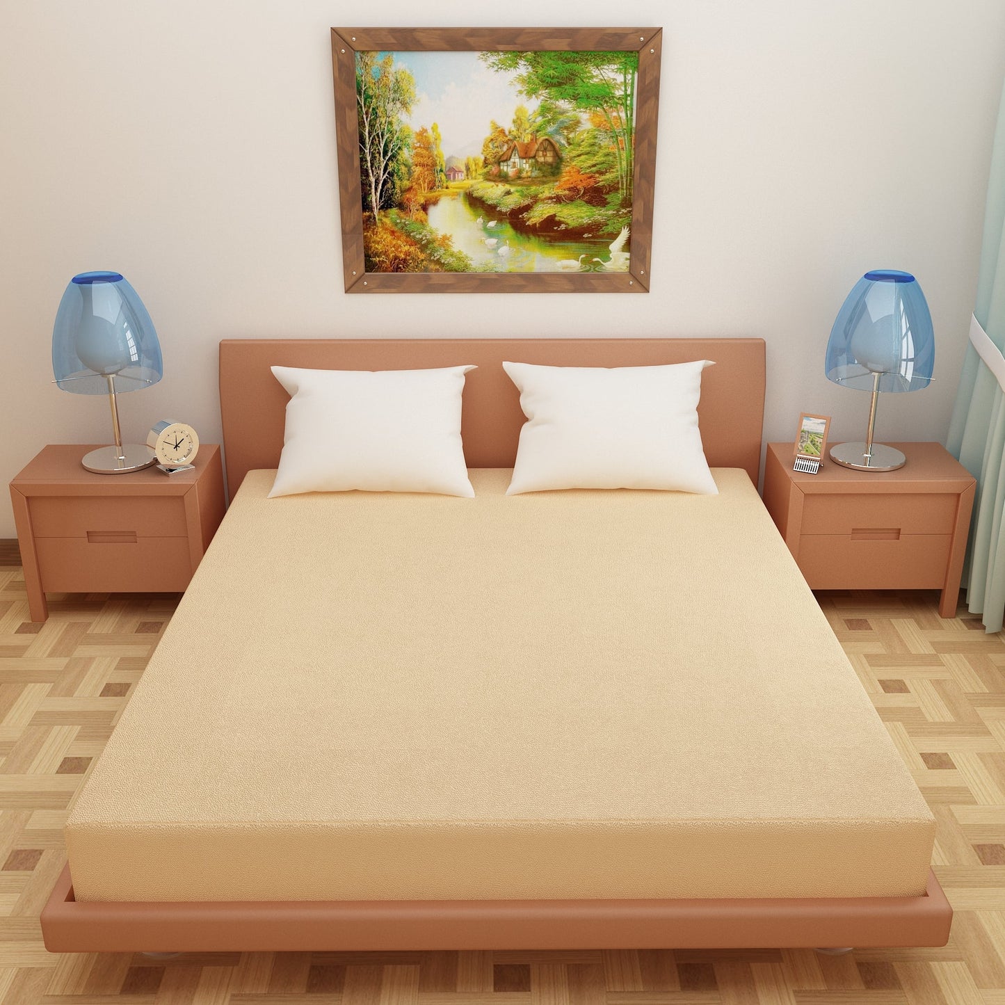 Waterproof Mattress Protector with 360 Degree Elastic Strap, Luxury Terry (Beige, Available in 16 Sizes)