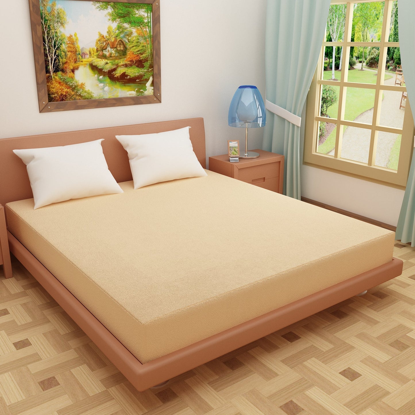 Waterproof Mattress Protector with 360 Degree Elastic Strap, Luxury Terry (Beige, Available in 16 Sizes)