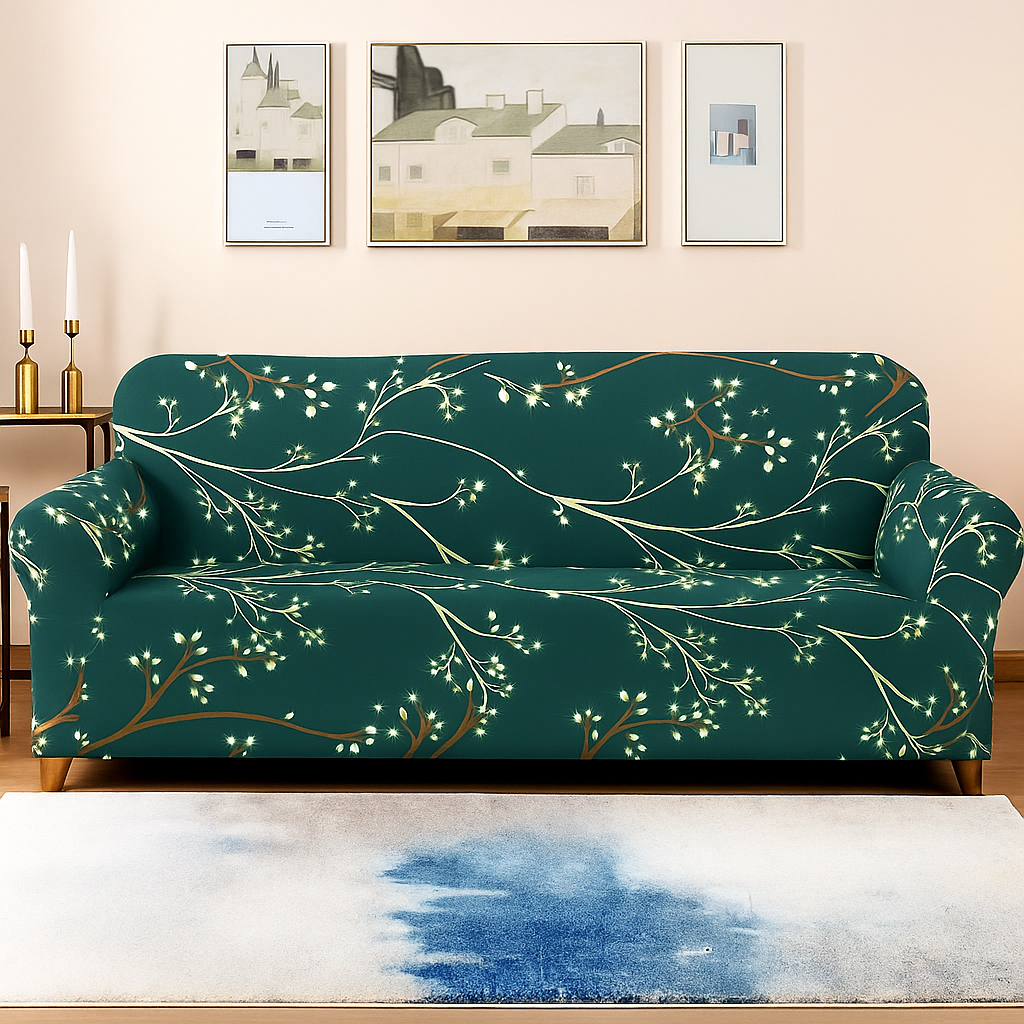 Sofa Cover- Leaf Olive Green - Luxury Quality Strechable & Dust-proof Sofa Cover