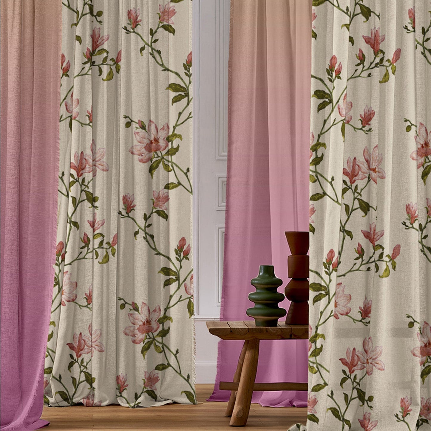Elegant Floral & Ombre Print Combination Room Darkening Curtains - Set Of 4 Door Curtain (427BOFC12) - Pink & Beige