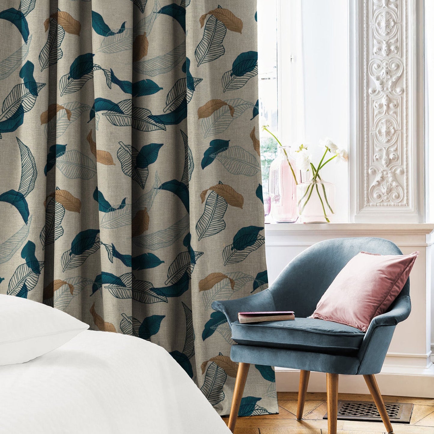 Elegant Floral & Ombre Print Combination Room Darkening Curtains - Set Of 4 Door Curtain (467AFRDM1) - Teal & Nude