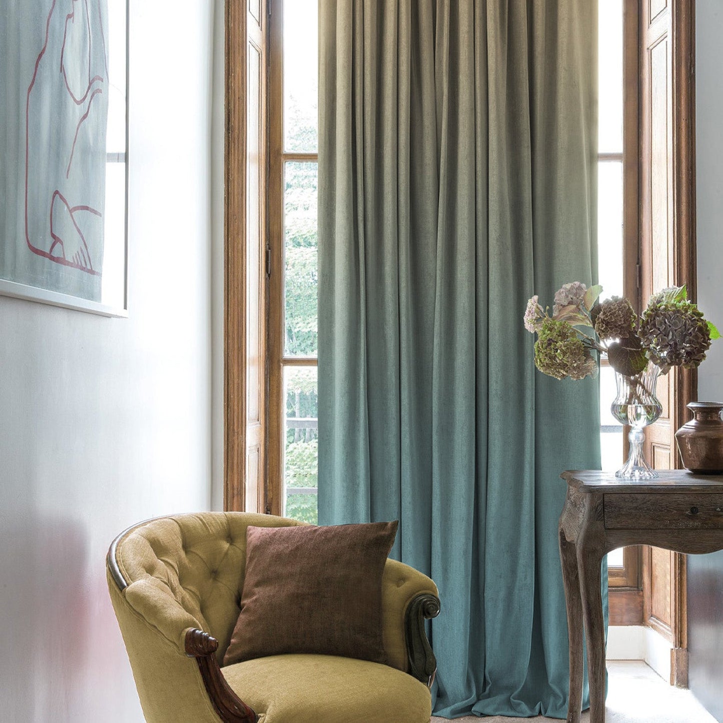 Elegant Floral & Ombre Print Combination Room Darkening Curtains - Set Of 4 Door Curtain (467AFRDM1) - Teal & Nude