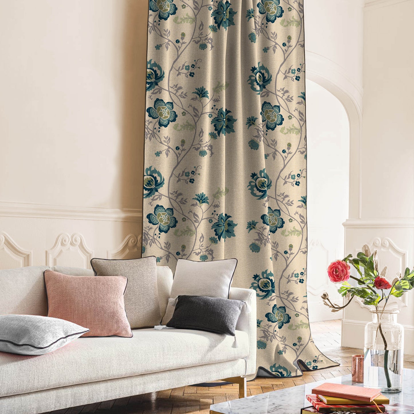 Elegant Floral Print Matt Finish Room Darkening Curtain Set Of 1pc - MTDS516D