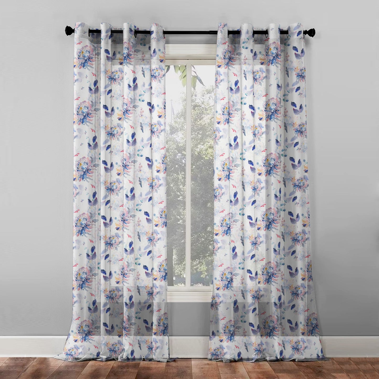 Elegant Floral Print Sheer Semi Transparent Curtain - Set of 2 -DS72A