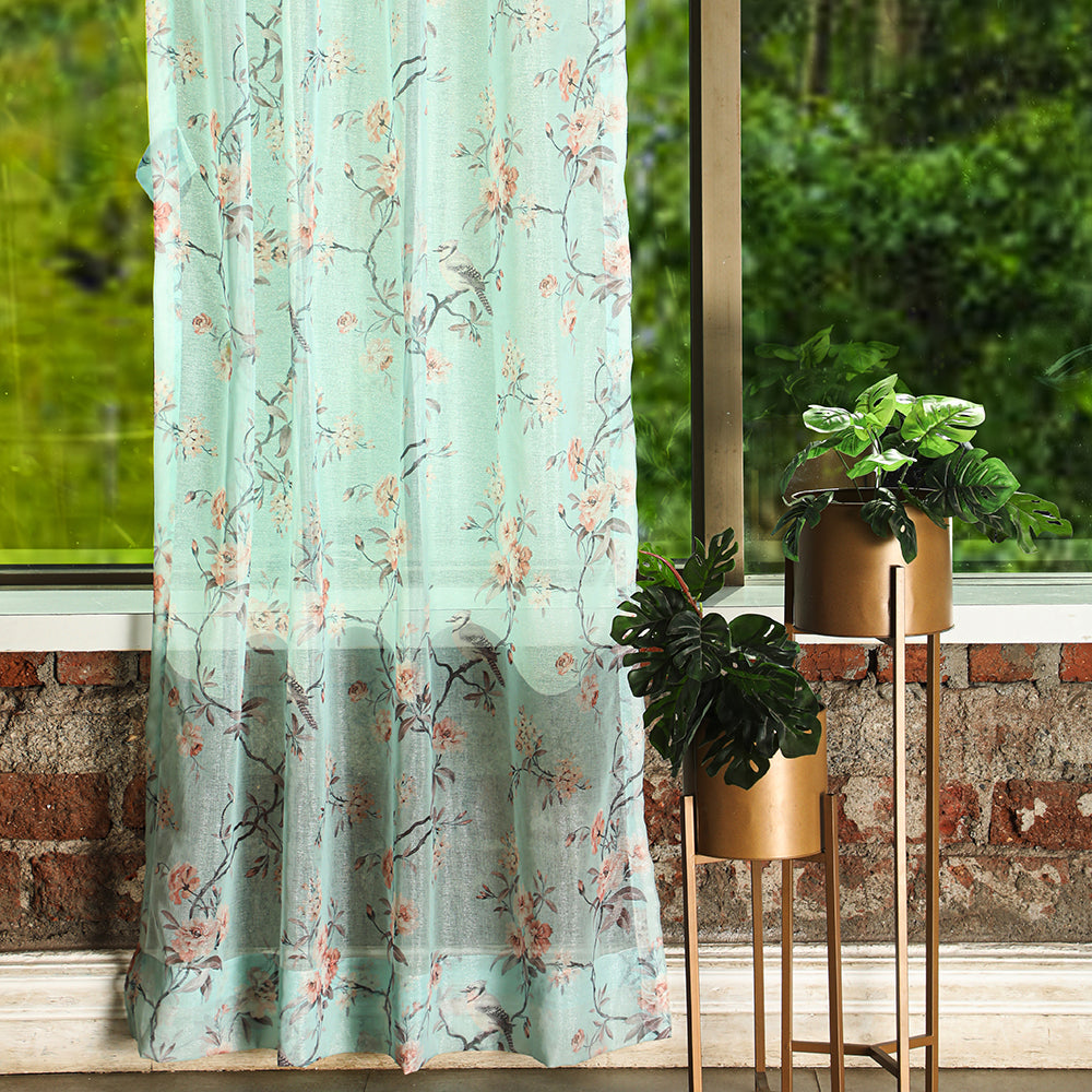 Elegant Floral Print Sheer Semi Transparent Curtain - Set of 2 -DS207A