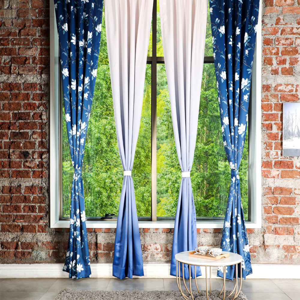 Elegant Floral & Ombre Print Combination Room Darkening Curtains - Set Of 4 Door Curtain (428ATWOM4) - Blue & Beige