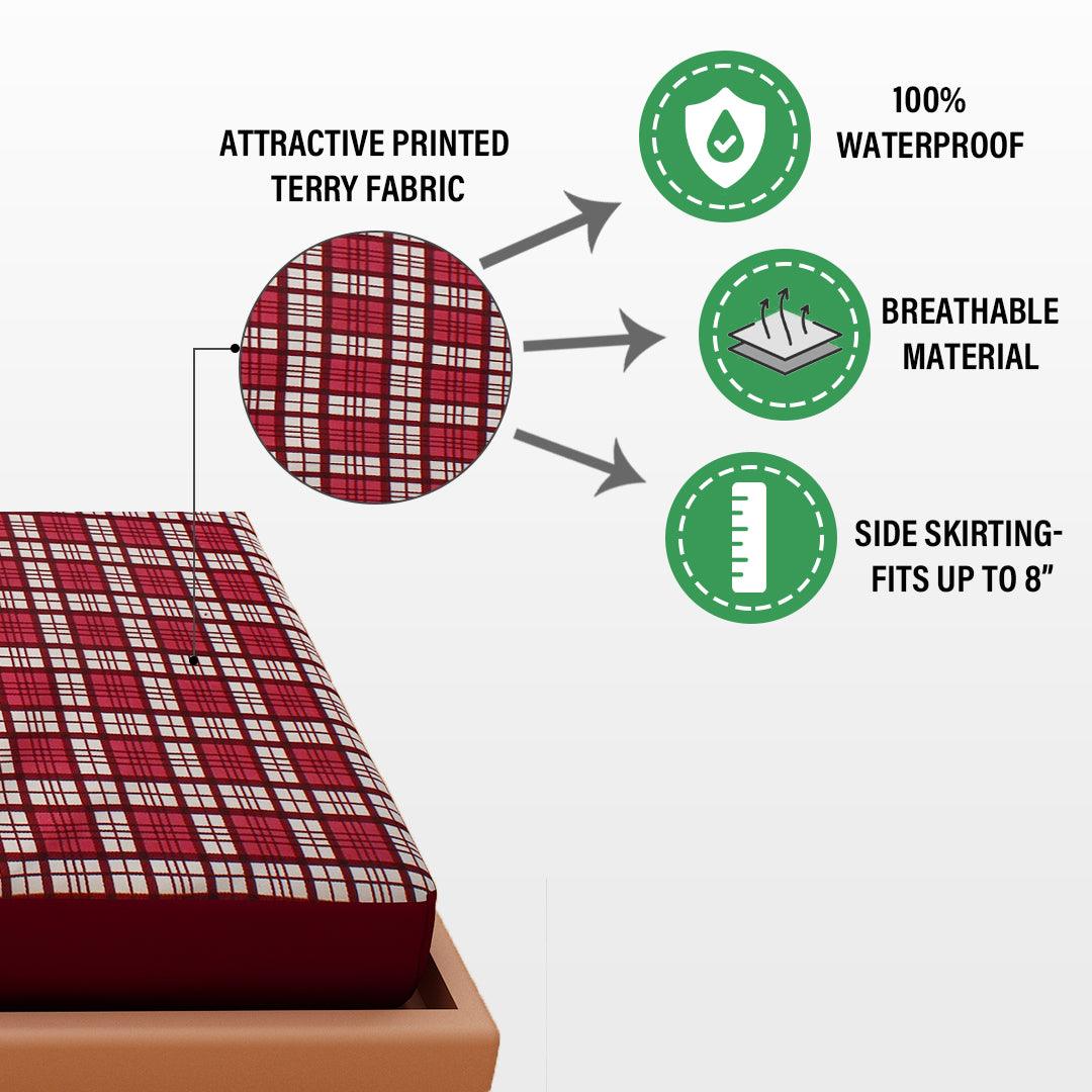 Waterproof Mattress Protector with 360 Degree Elastic Strap, Luxury Terry Printed (Maroon, Available in 16 Sizes)