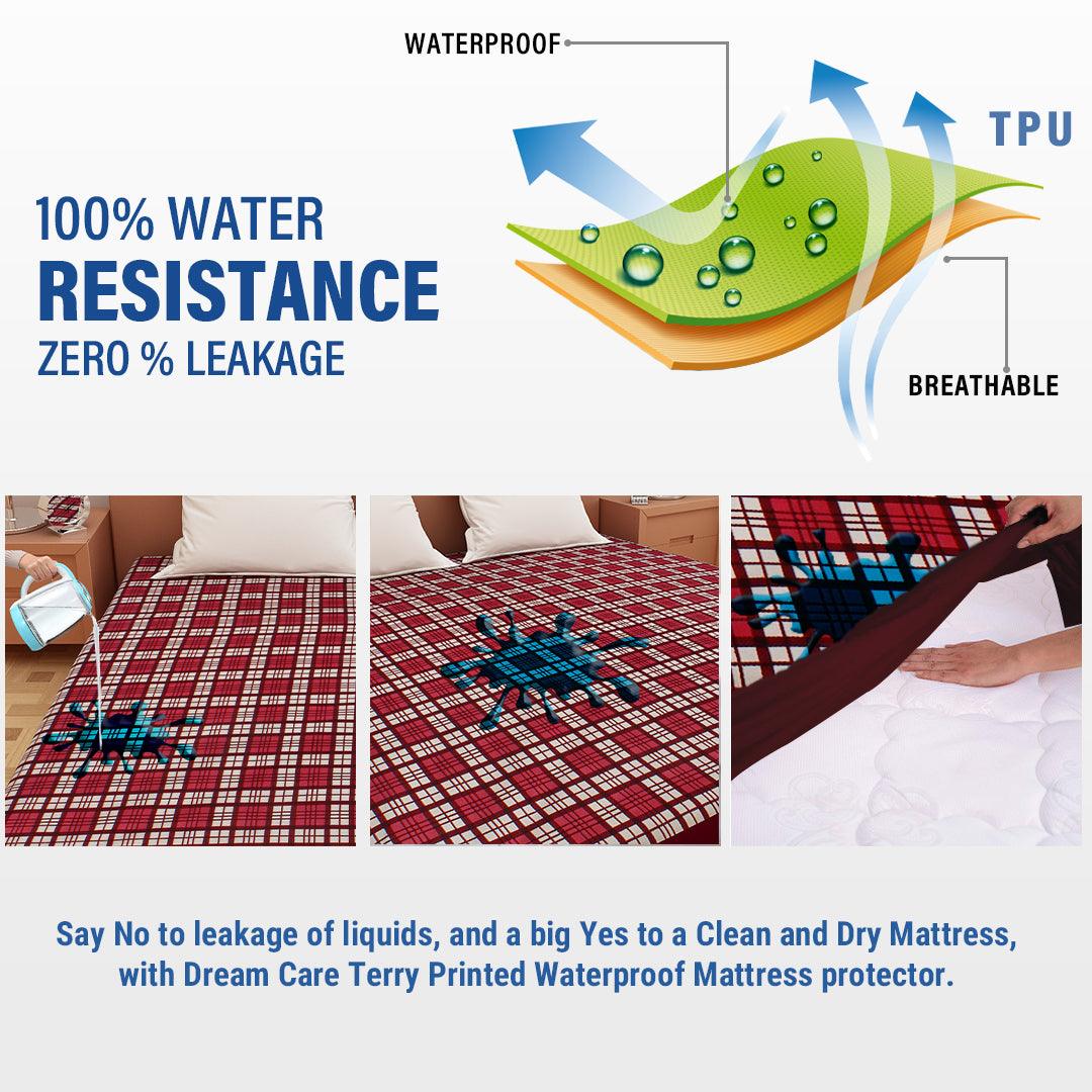Waterproof Mattress Protector with 360 Degree Elastic Strap, Luxury Terry Printed (Maroon, Available in 16 Sizes)