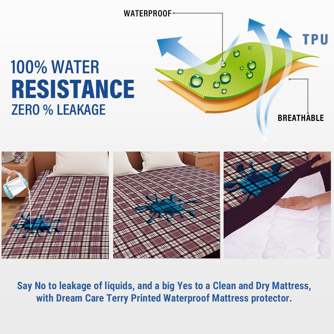 Waterproof Mattress Protector with 360 Degree Elastic Strap, Luxury Terry Printed (Grey, Available in 16 Sizes)