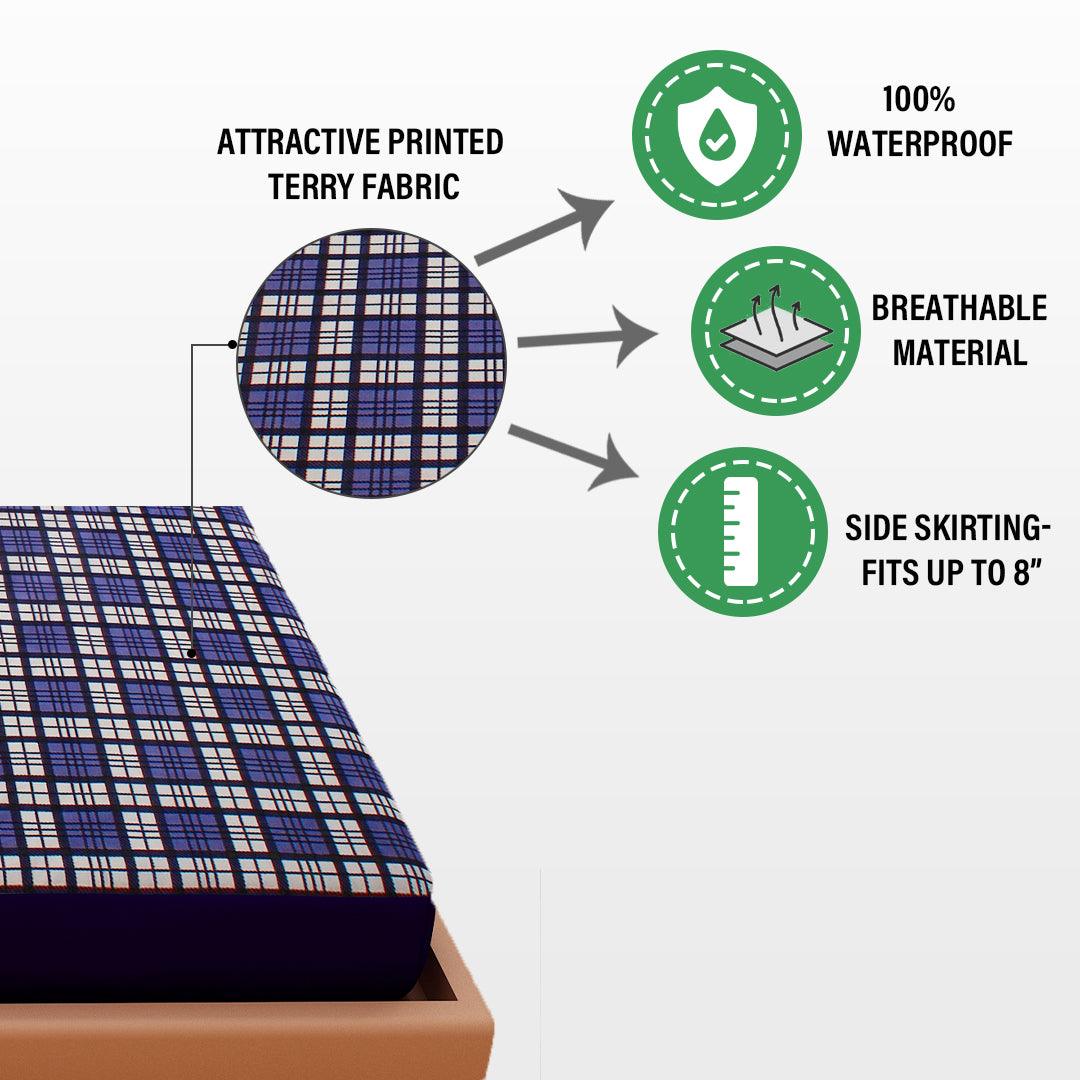 Waterproof Mattress Protector with 360 Degree Elastic Strap, Luxury Terry Printed (Blue, Available in 16 Sizes)