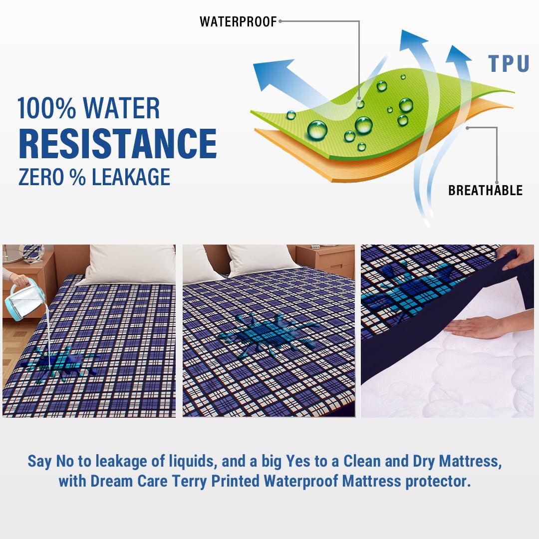 Waterproof Mattress Protector with 360 Degree Elastic Strap, Luxury Terry Printed (Blue, Available in 16 Sizes)