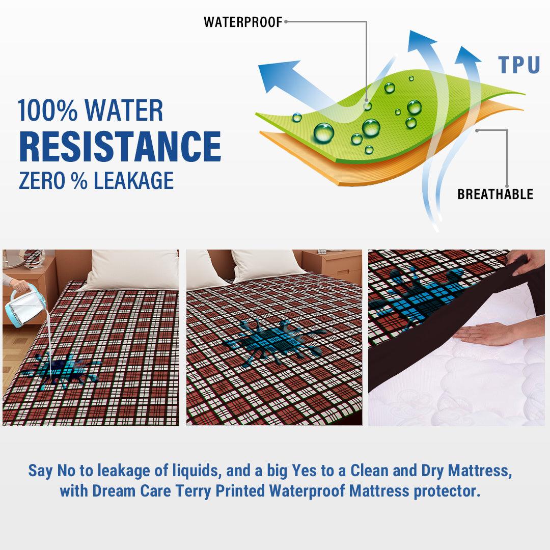 Waterproof Mattress Protector with 360 Degree Elastic Strap, Luxury Terry Printed (Brown, Available in 16 Sizes)