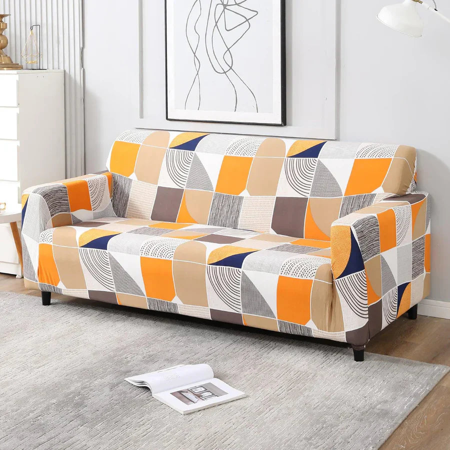 ORANGE SQUARE ABSTRACT-Luxury Quality Strechable & Dust-proof Sofa Cover