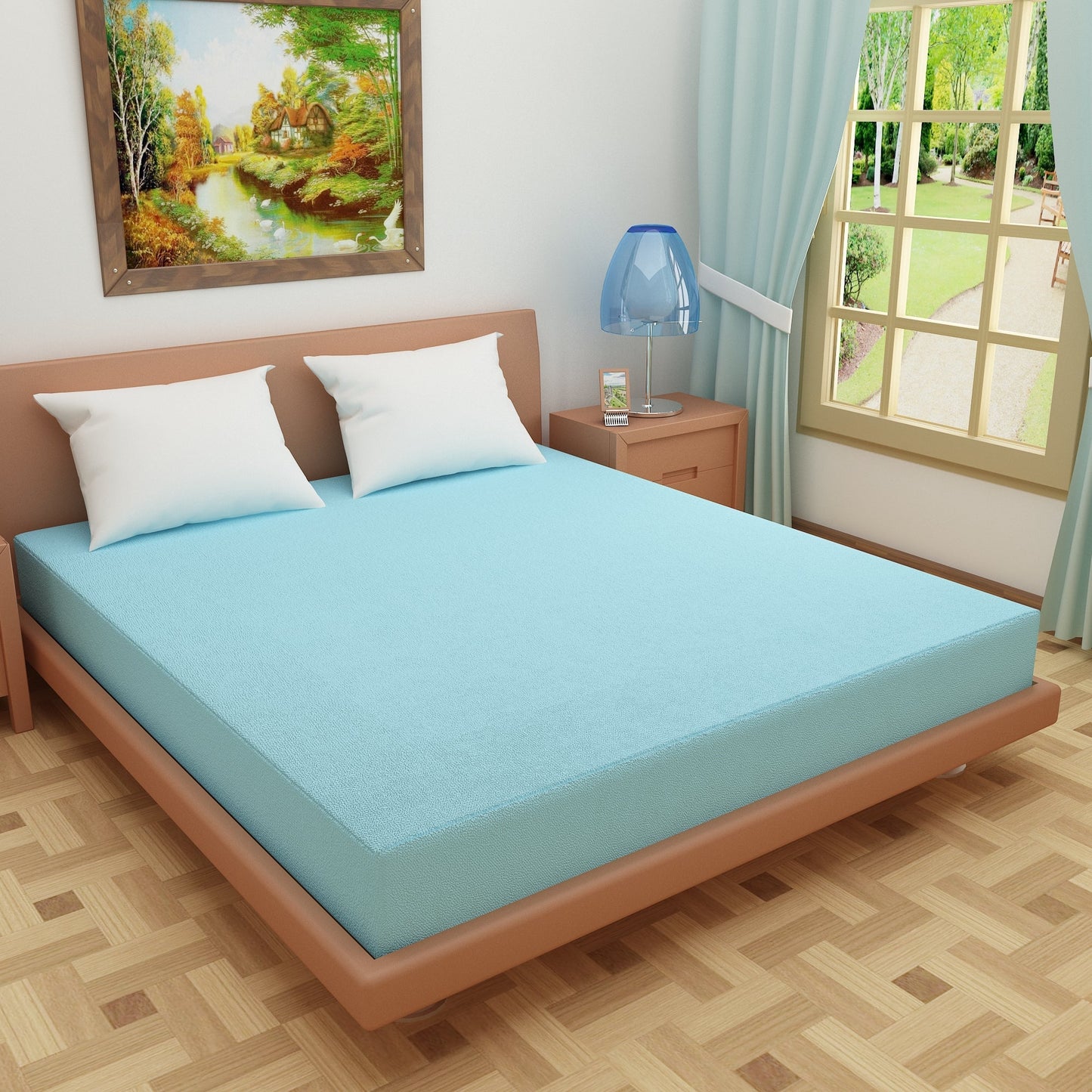 Waterproof Mattress Protector with 360 Degree Elastic Strap, Luxury Terry (Sky Blue, Available in 16 Sizes)