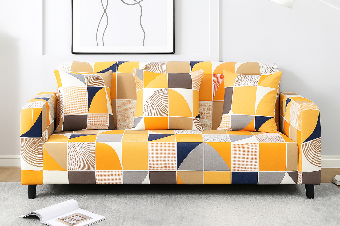 ORANGE SQUARE ABSTRACT-Luxury Quality Strechable & Dust-proof Sofa Cover