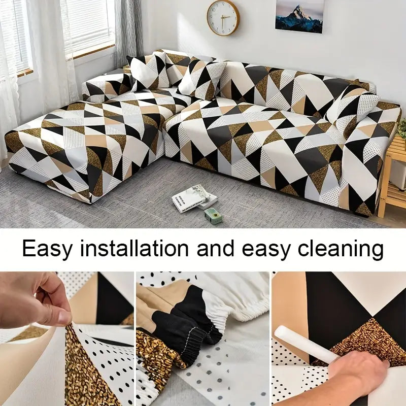 L Shape Sofa Cover- Geometric Brown - Luxury Quality Strechable & Dust-proof Sofa Cover